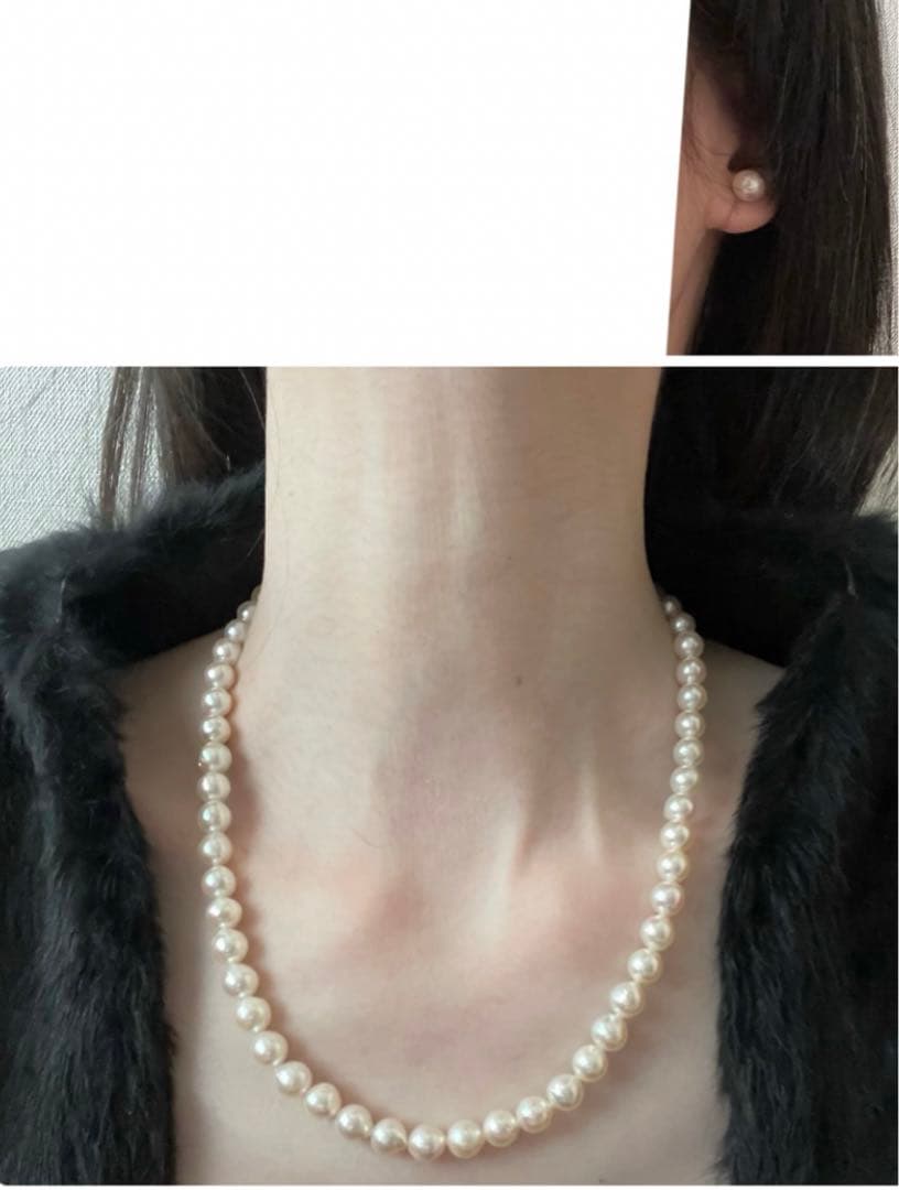 Genuine Akoya pearl necklace with 7.8mm semi-round pearls and matching 7mm pearl earrings in white color