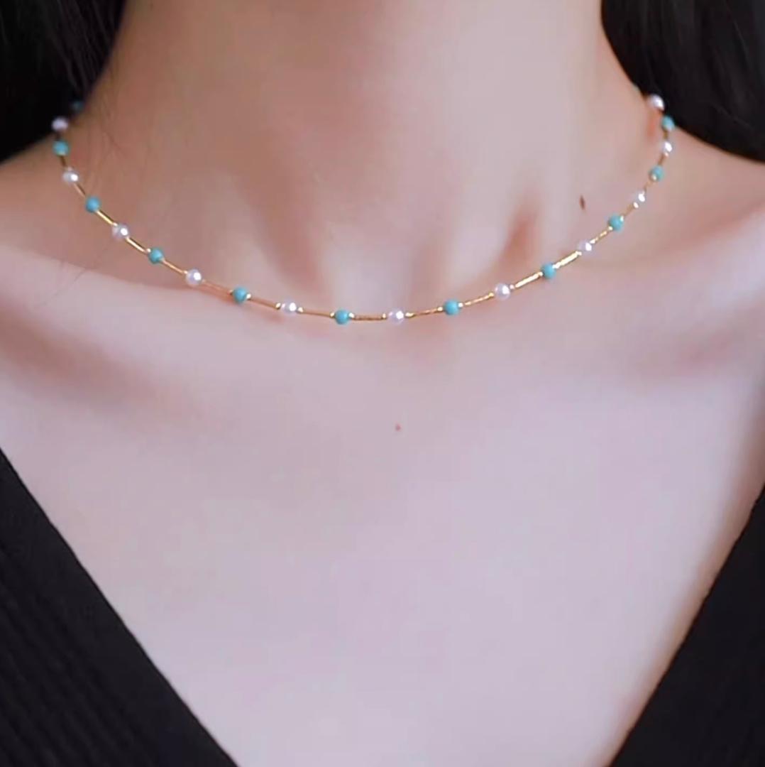 K18YG necklace featuring 3-4mm Akoya pearls and turquoise wire station on a 40cm chain