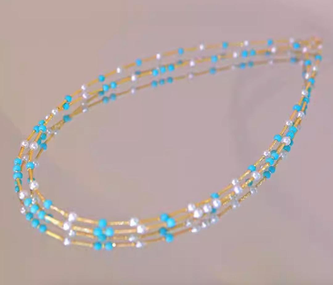 K18YG necklace featuring 3-4mm Akoya pearls and turquoise wire station on a 40cm chain