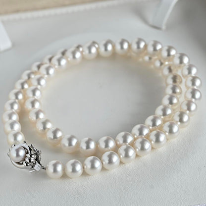 Tasaki Akoya genuine pearl necklace and earrings set in K14 silver with round pink-white pearls