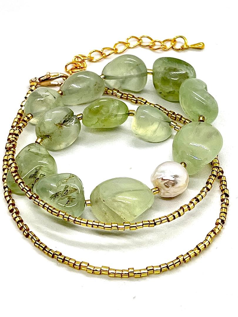 Akoya pearl 10mm necklace with prehnite stones and adjustable 50cm K18 gold leaf chain