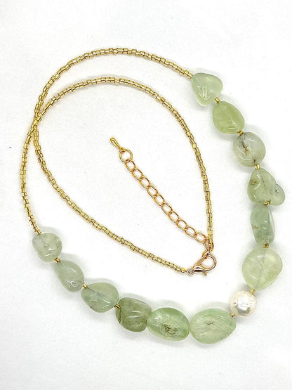 Akoya pearl 10mm necklace with prehnite stones and adjustable 50cm K18 gold leaf chain