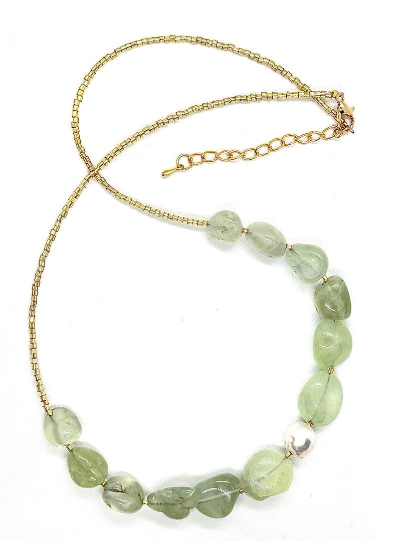 Akoya pearl 10mm necklace with prehnite stones and adjustable 50cm K18 gold leaf chain