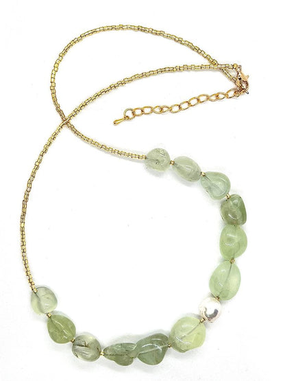 Akoya pearl 10mm necklace with prehnite stones and adjustable 50cm K18 gold leaf chain