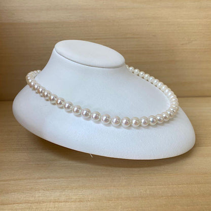 Akoya pearl necklace with 53 white uncolored pearls sized 7.5-8.0mm and silver one-touch clasp