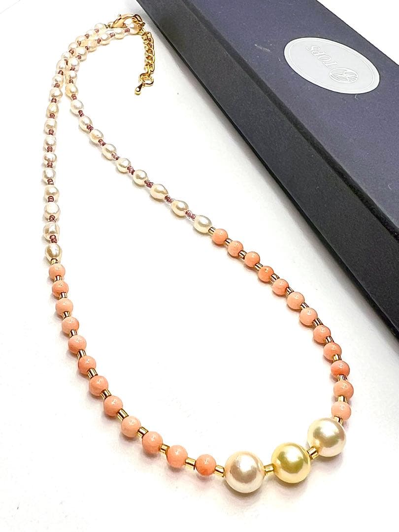 Akoya pearl and pink coral necklace with genuine pearls on gold chain, 42 to 46 cm long