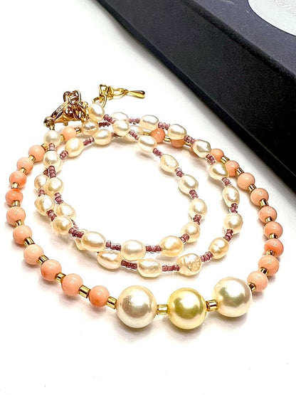 Akoya pearl and pink coral necklace with genuine pearls on gold chain, 42 to 46 cm long