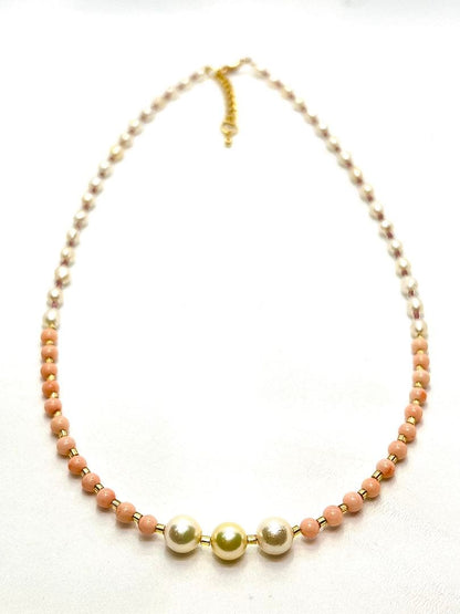 Akoya pearl and pink coral necklace with genuine pearls on gold chain, 42 to 46 cm long