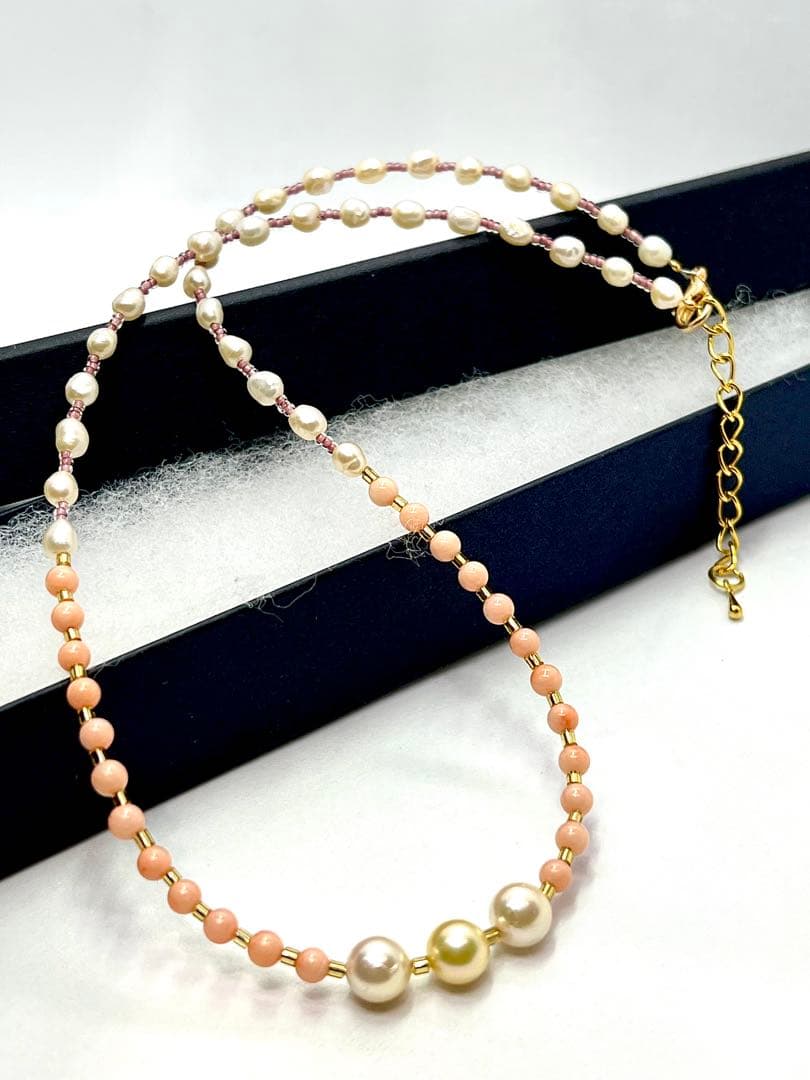 Akoya pearl and pink coral necklace with genuine pearls on gold chain, 42 to 46 cm long