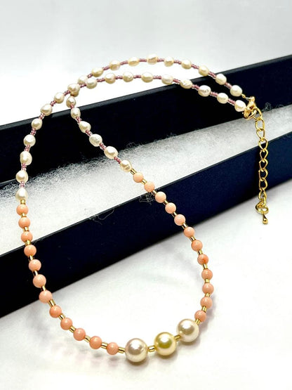 Akoya pearl and pink coral necklace with genuine pearls on gold chain, 42 to 46 cm long