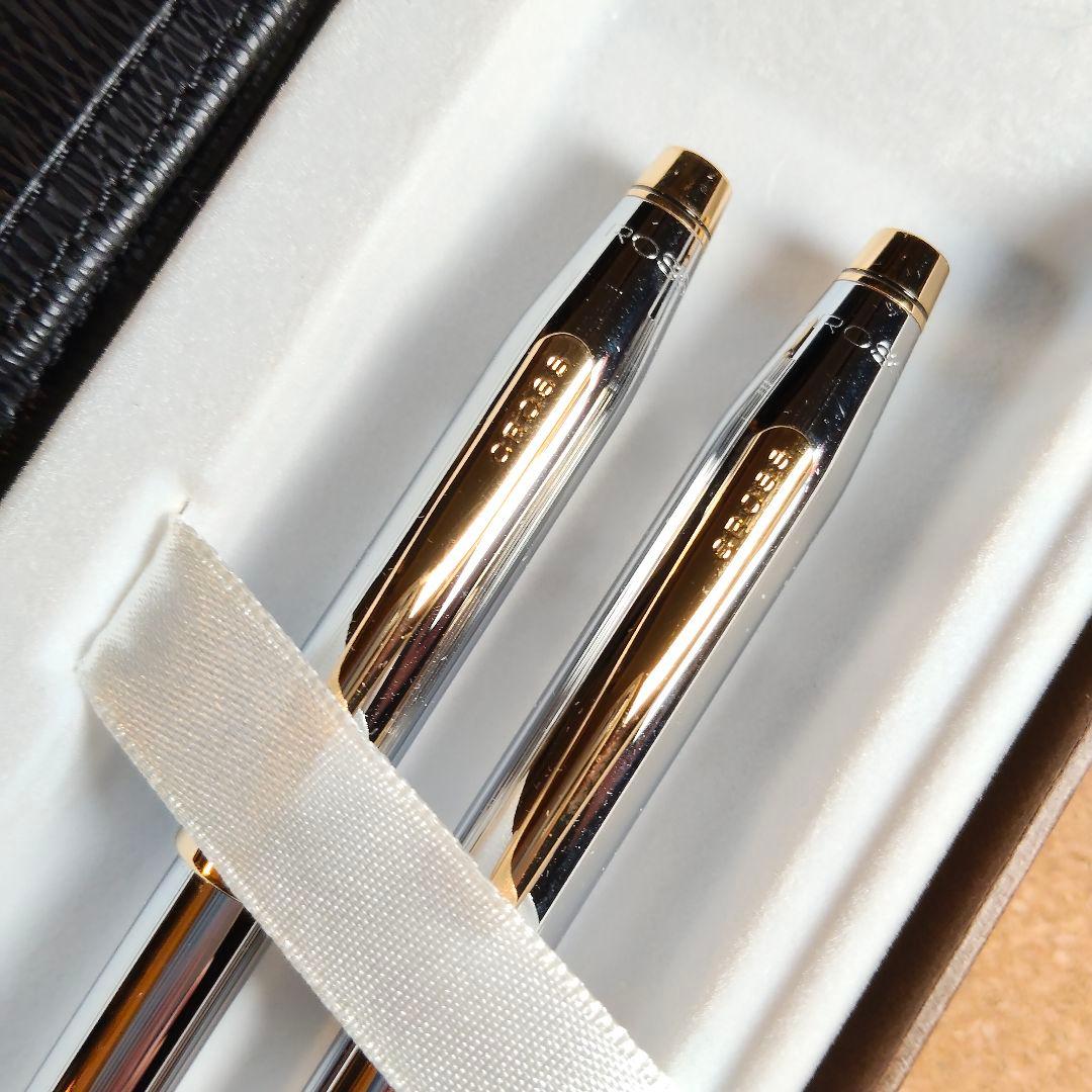 Cross Classic Century silver metal ballpoint pen and mechanical pencil set with a black leather case
