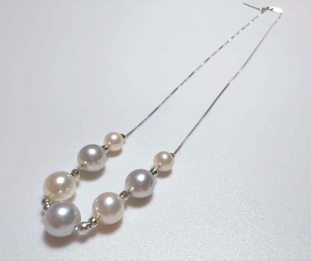 Pt850 natural multi-color Akoya pearl station necklace with adjustable slide pin type chain