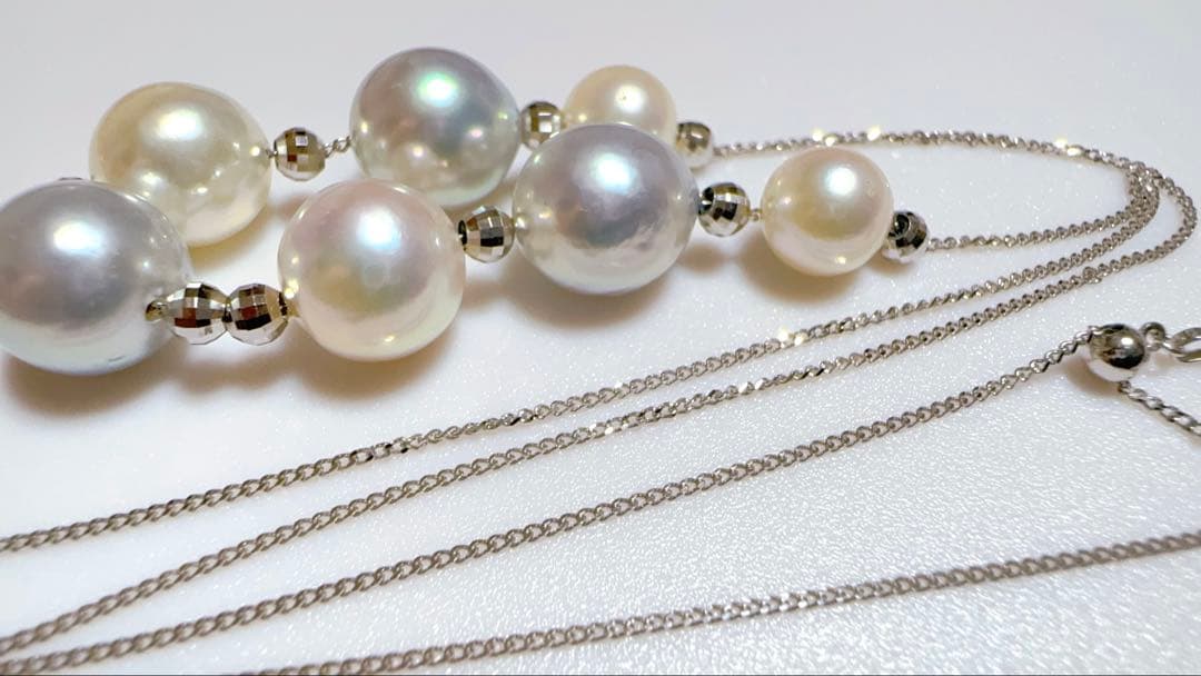 Pt850 natural multi-color Akoya pearl station necklace with adjustable slide pin type chain
