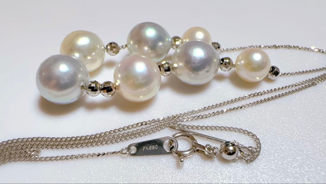Pt850 natural multi-color Akoya pearl station necklace with adjustable slide pin type chain
