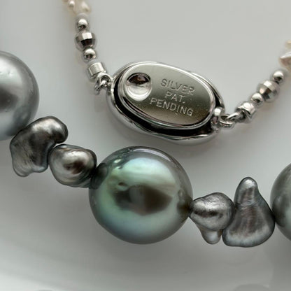 Black Pearl Kesh Baroque and Akoya Pearl Necklace about 40cm long with varying pearl sizes