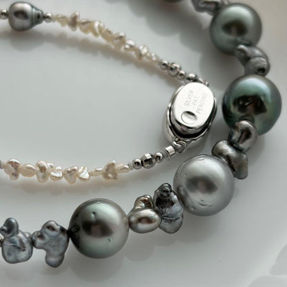 Black Pearl Kesh Baroque and Akoya Pearl Necklace about 40cm long with varying pearl sizes
