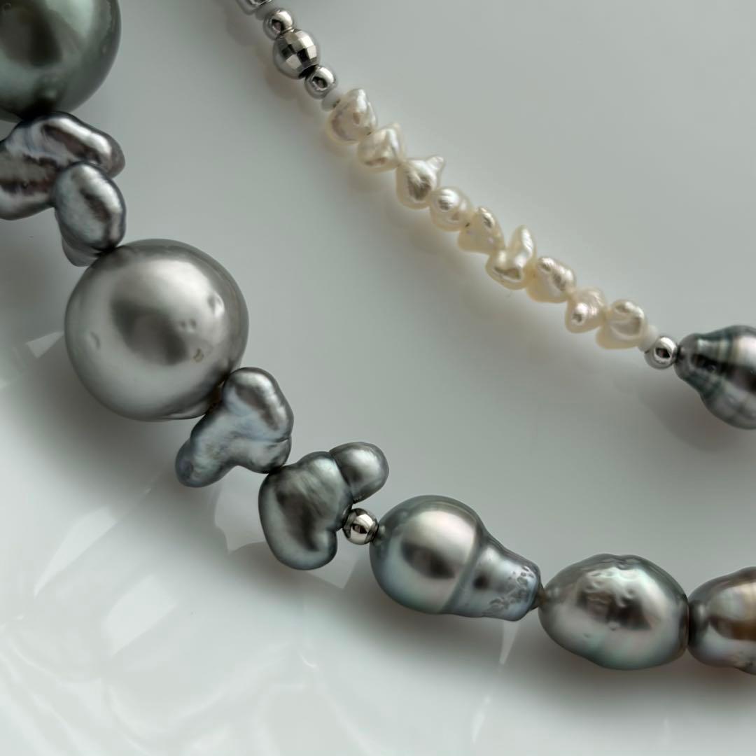 Black Pearl Kesh Baroque and Akoya Pearl Necklace about 40cm long with varying pearl sizes