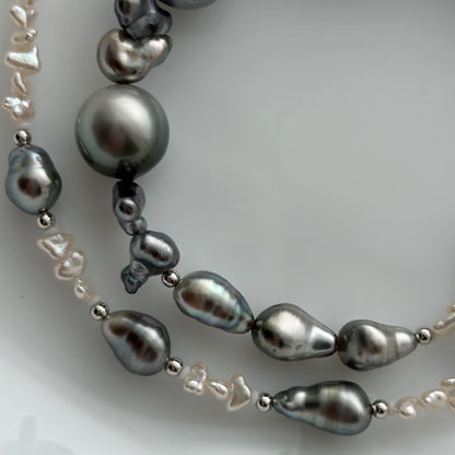 Black Pearl Kesh Baroque and Akoya Pearl Necklace about 40cm long with varying pearl sizes