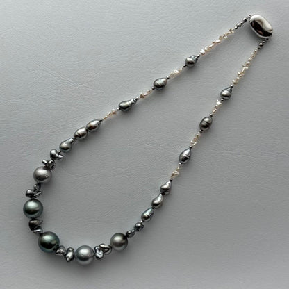 Black Pearl Kesh Baroque and Akoya Pearl Necklace about 40cm long with varying pearl sizes