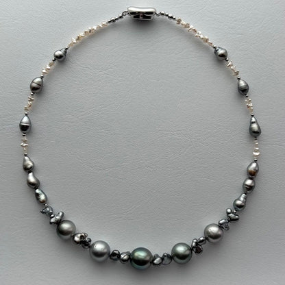 Black Pearl Kesh Baroque and Akoya Pearl Necklace about 40cm long with varying pearl sizes