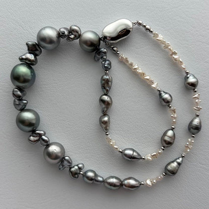Black Pearl Kesh Baroque and Akoya Pearl Necklace about 40cm long with varying pearl sizes