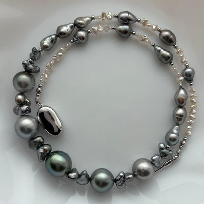 Black Pearl Kesh Baroque and Akoya Pearl Necklace about 40cm long with varying pearl sizes