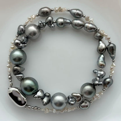 Black Pearl Kesh Baroque and Akoya Pearl Necklace about 40cm long with varying pearl sizes