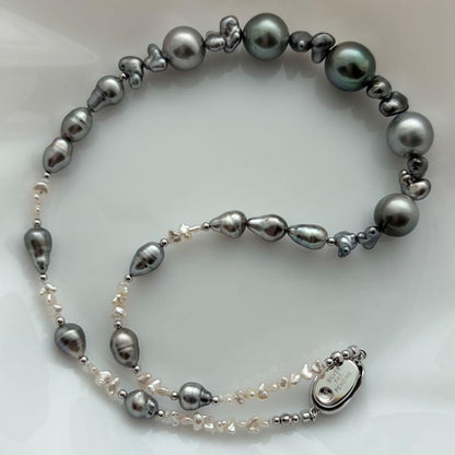 Black Pearl Kesh Baroque and Akoya Pearl Necklace about 40cm long with varying pearl sizes