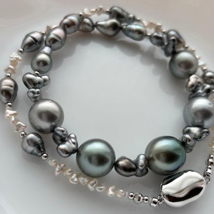 Black Pearl Kesh Baroque and Akoya Pearl Necklace about 40cm long with varying pearl sizes