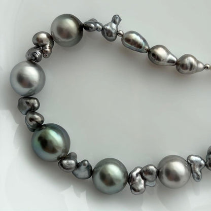 Black Pearl Kesh Baroque and Akoya Pearl Necklace about 40cm long with varying pearl sizes