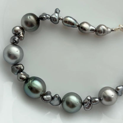 Black Pearl Kesh Baroque and Akoya Pearl Necklace about 40cm long with varying pearl sizes