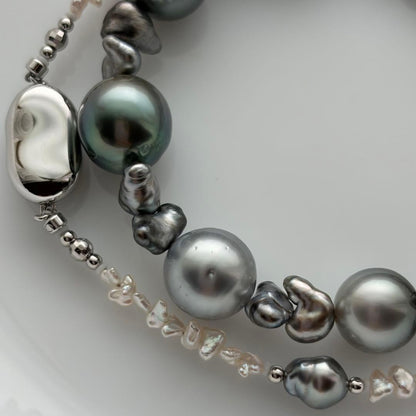 Black Pearl Kesh Baroque and Akoya Pearl Necklace about 40cm long with varying pearl sizes
