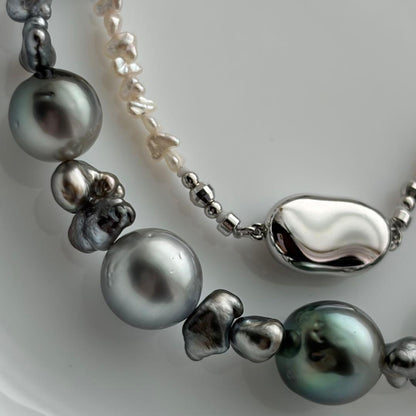 Black Pearl Kesh Baroque and Akoya Pearl Necklace about 40cm long with varying pearl sizes