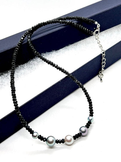 Akoya pearl and multi-color pearl necklace with black spinel beads and adjustable length