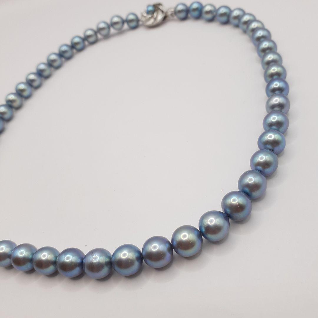 Akoya pearl necklace with 8mm pearls measuring 42.5 cm length on white background