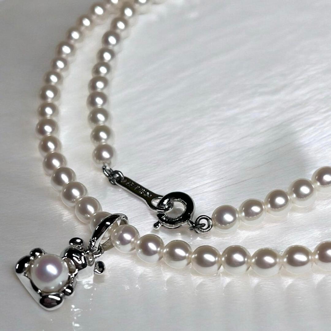 Tasaki Bear Charm Pearl Necklace with silver hallmark, 43 cm length, displayed on a white background