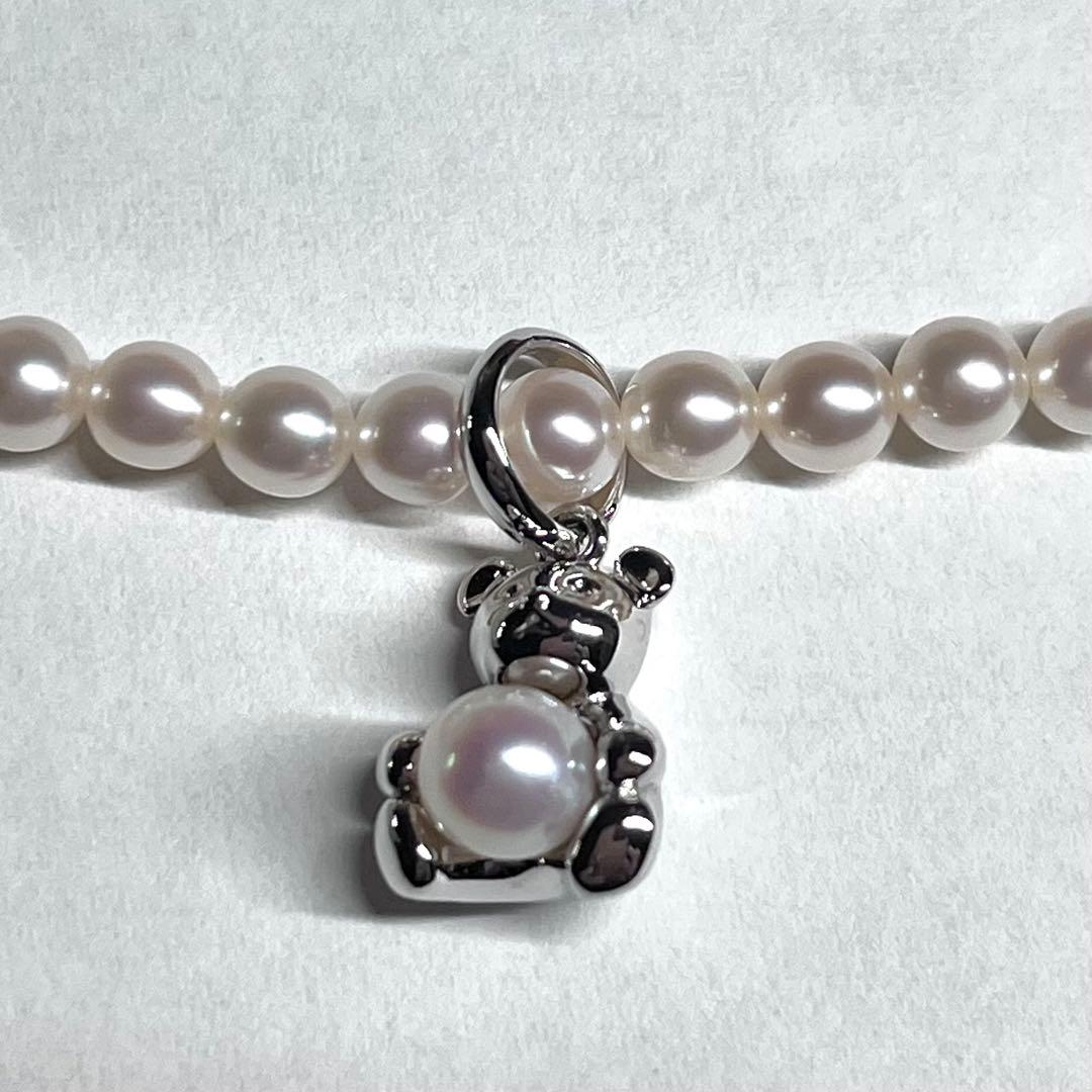 Tasaki Bear Charm Pearl Necklace with silver hallmark, 43 cm length, displayed on a white background