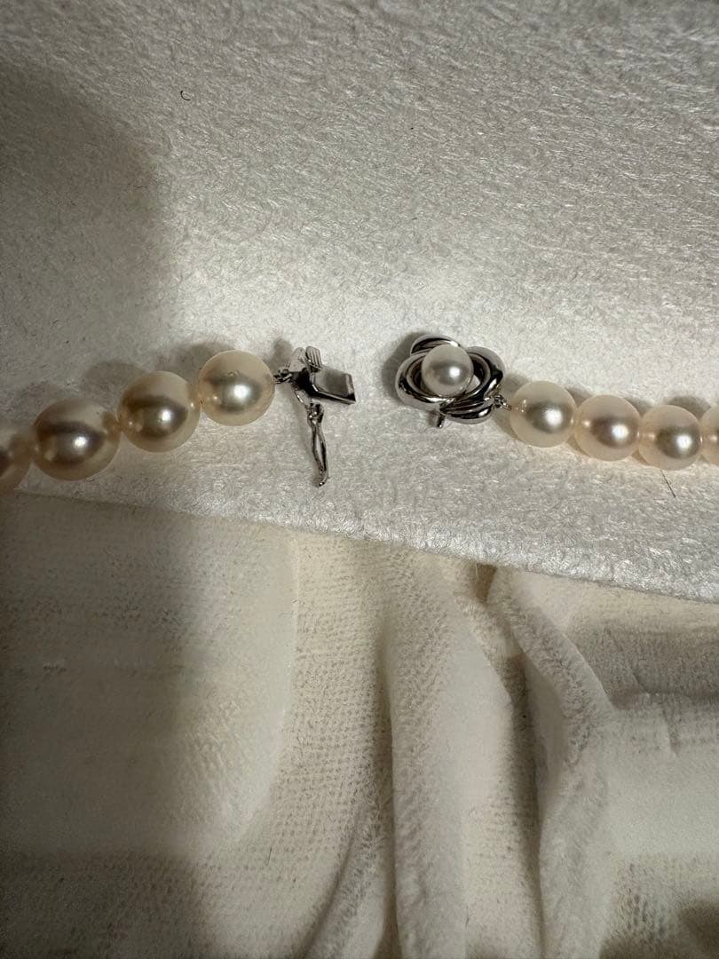 Tasaki Akoya pearl necklace with 8mm pearls and silver fittings laid out flat