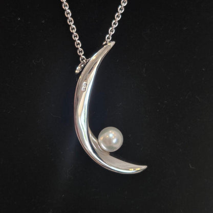 Mikimoto Crescent Moon Pearl Necklace in silver with 0.7cm pearl and adjustable sterling silver chain