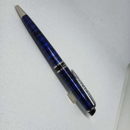 WATERMAN Expert Blue Marble ballpoint pen in blue metal with stripe pattern shown with box and manual