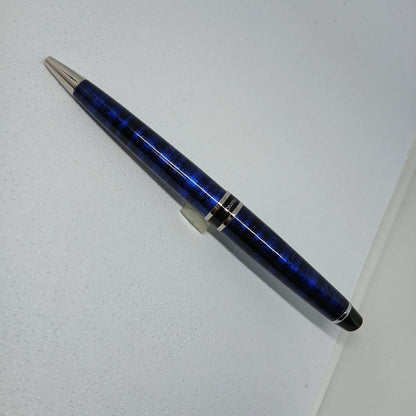 WATERMAN Expert Blue Marble ballpoint pen in blue metal with stripe pattern shown with box and manual