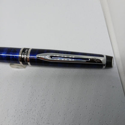 WATERMAN Expert Blue Marble ballpoint pen in blue metal with stripe pattern shown with box and manual