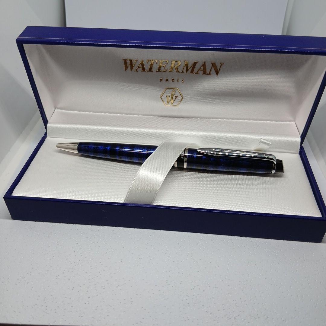 WATERMAN Expert Blue Marble ballpoint pen in blue metal with stripe pattern shown with box and manual