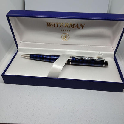 WATERMAN Expert Blue Marble ballpoint pen in blue metal with stripe pattern shown with box and manual