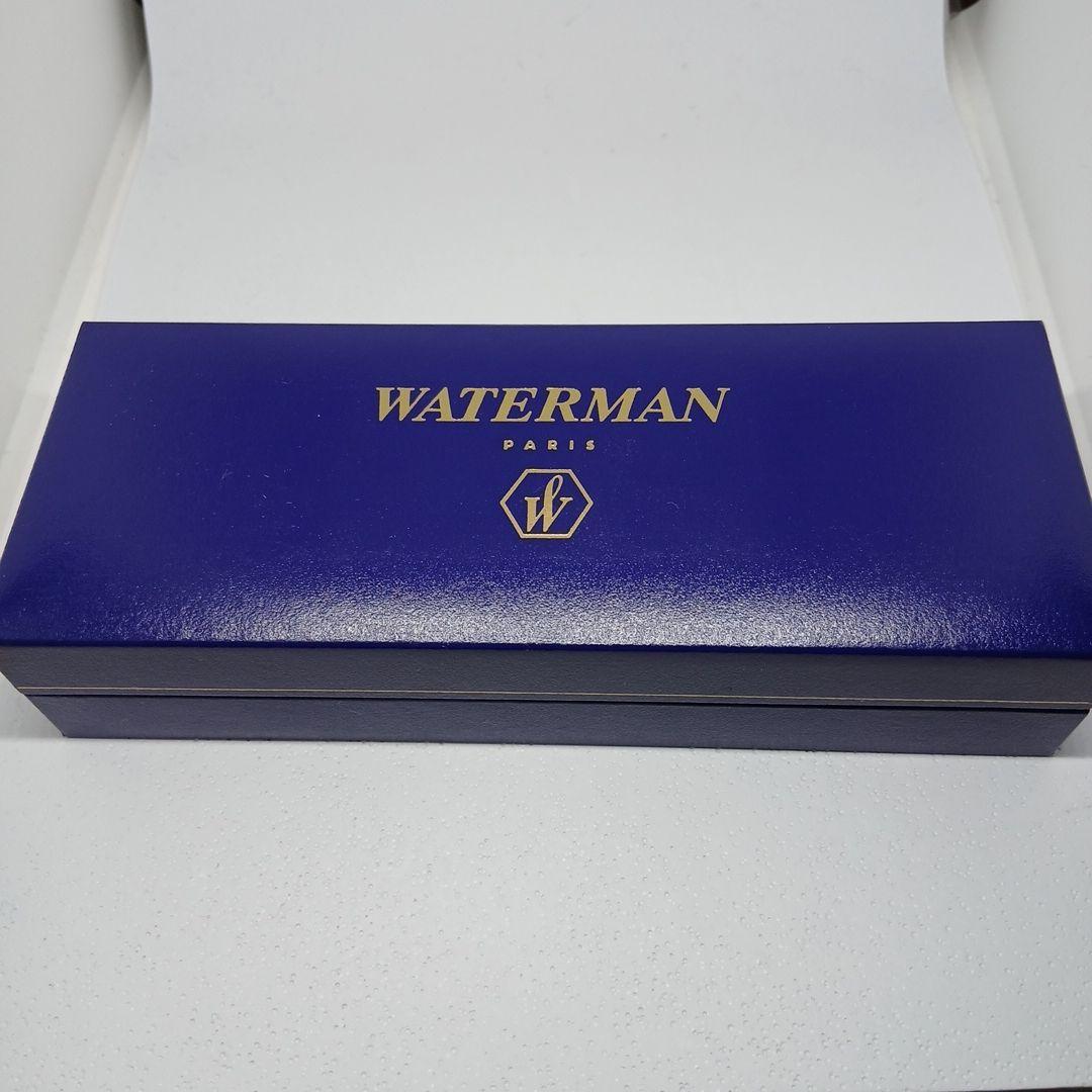 WATERMAN Expert Blue Marble ballpoint pen in blue metal with stripe pattern shown with box and manual