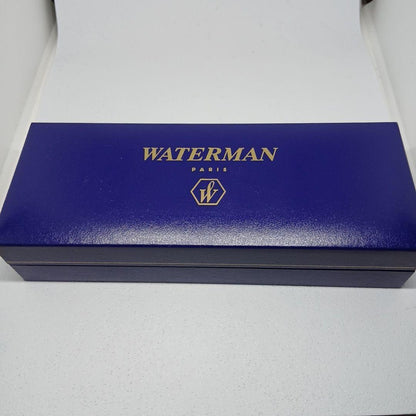 WATERMAN Expert Blue Marble ballpoint pen in blue metal with stripe pattern shown with box and manual