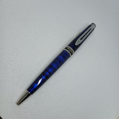 WATERMAN Expert Blue Marble ballpoint pen in blue metal with stripe pattern shown with box and manual