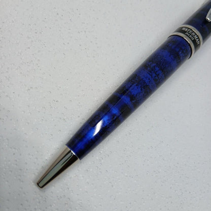 WATERMAN Expert Blue Marble ballpoint pen in blue metal with stripe pattern shown with box and manual