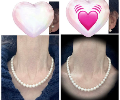 High-quality Akoya pearl necklace and earring set with 7.5mm white round pearls on a white background