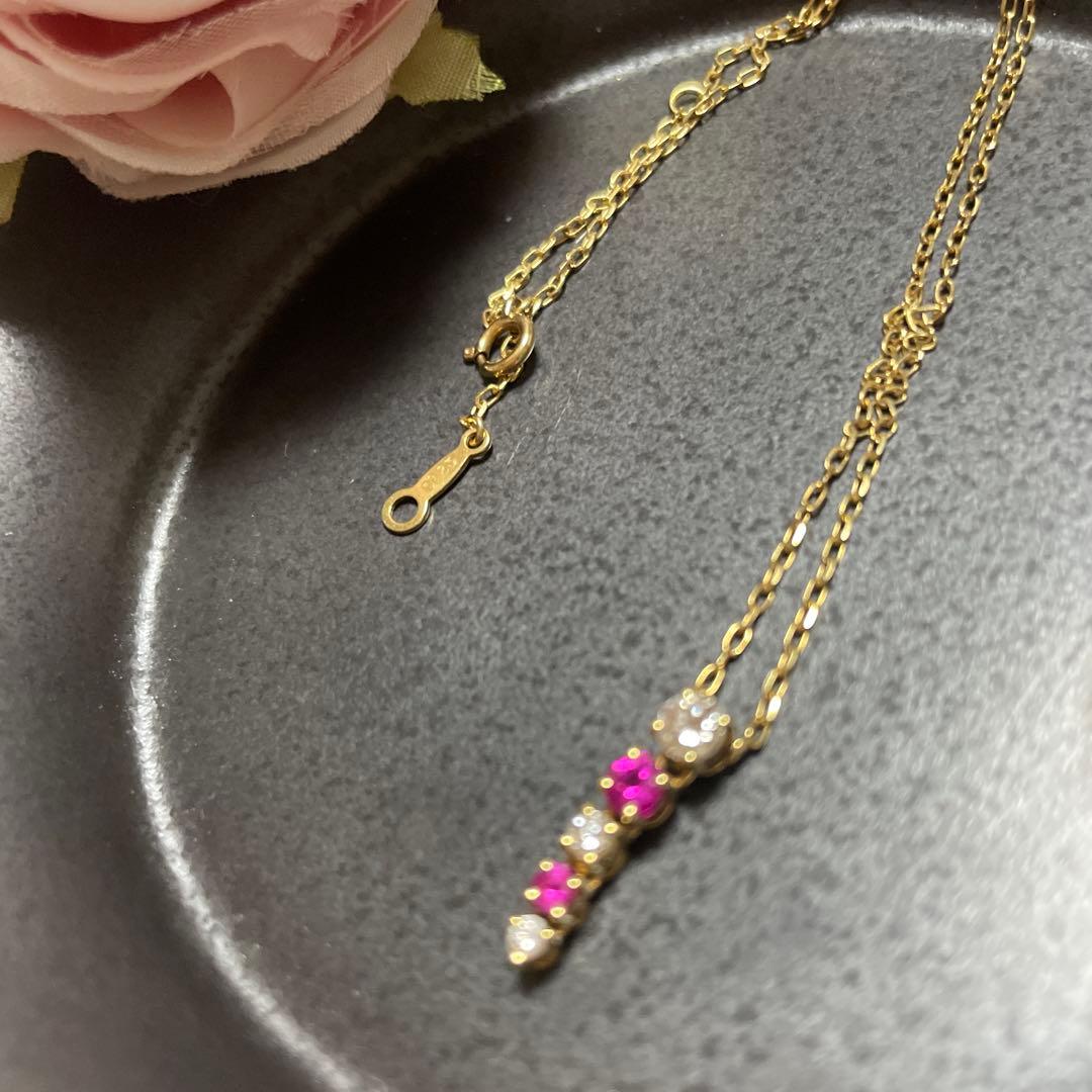 Beautiful MIKIMOTO Diamond and Ruby Necklace in K18 Yellow Gold with 42cm chain and 16mm pendant